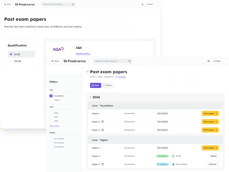 DrFrostMaths Past Exam Papers interface showing AQA Mathematics GCSE papers. The page displays filterable exam papers organized by year (2024 shown) and tier (Foundation and Higher). Each paper shows the number of questions (30 questions), completion status (Not started, Completed, or In progress with percentage), and action buttons to start or continue. The left sidebar contains filters for qualification type, tier, year, and status. Students can access thousands of real past paper questions from exam boards including AQA, Edexcel, and OCR.