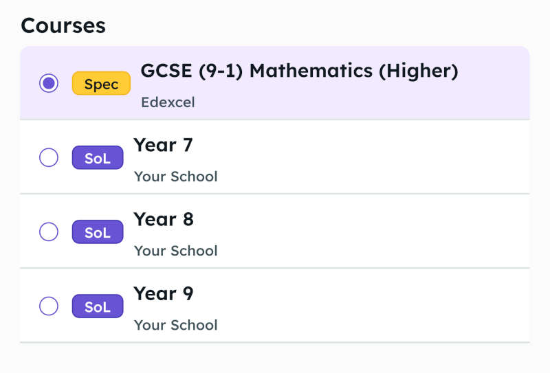 Dr Frost Maths user interface course menu displaying customisable curriculum options including exam specifications and school-specific schemes of work