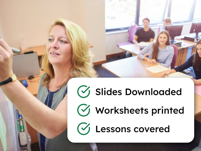 Confident teacher prepared for a cover lesson in a classroom, with checklist showing slides downloaded, worksheets printed, and lessons covered